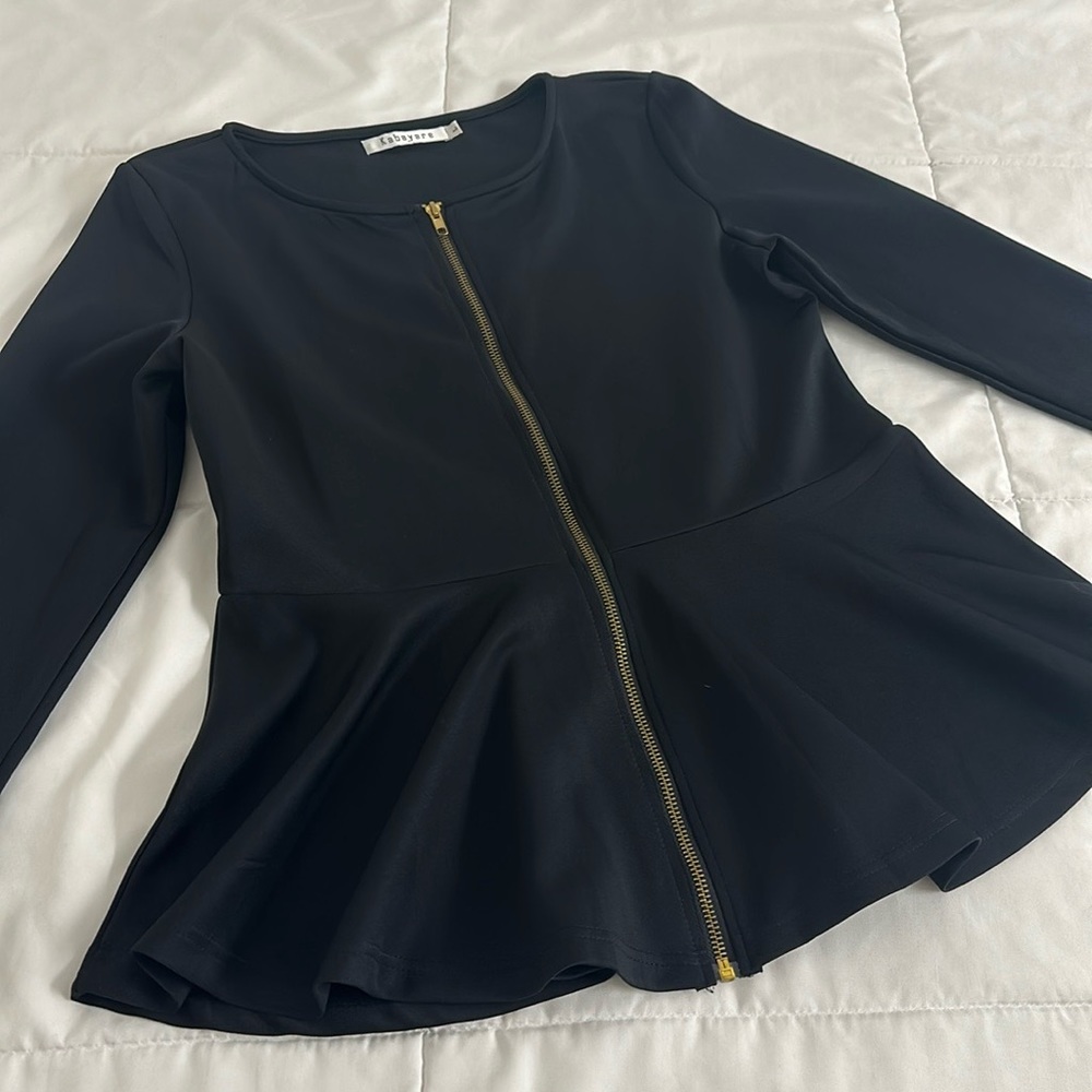Kabayare Black & Gold Peplum Zip Up Long Sleeve Top